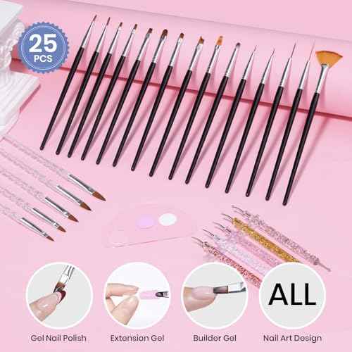 Beetles Nail Art Brushes 25pcs - Confetti Nail Art Pens Daul Ended Dotting Tools Striping Liner Brushes for Nails 3D Flower Sculpting Tools with Palette Brush Holder DIY Home Salon Manicure Design Set