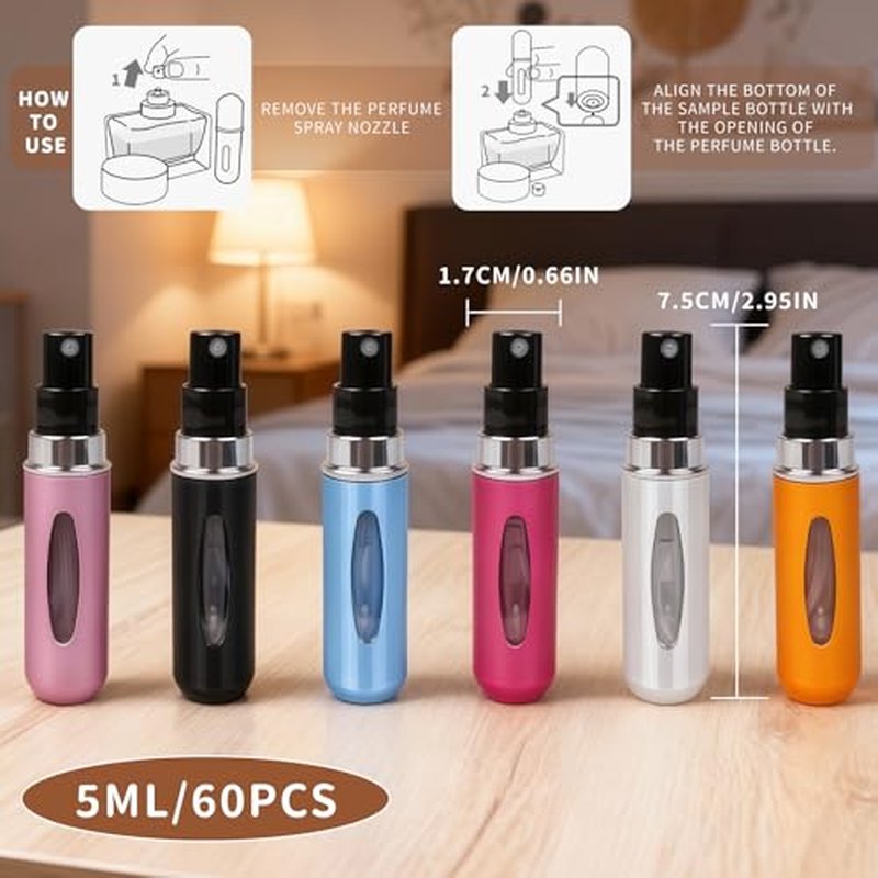 60PCS 5ml Refillable Perfume Atomizer Bottles Bulk, Empty Plastic Mini Travel Size Spray Bottle Set, Fine Mist Fragrance Sprayer for Cruise, Purse Handbag, Travel Accessories Supplies (5 Mixed Colors)