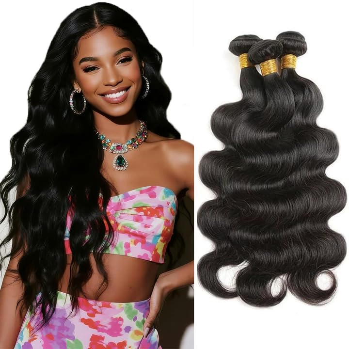 G1B-BlackColor-B 30-34 Inch Body Wave Human Hair Bundles 150g Unprocessed Virgin Peruvian Hair for Women