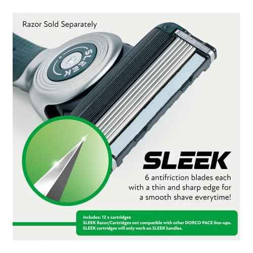 DORCO SLEEK - Six Blade Razor System with Multi-Flex technology Refill Set, Precision Shaving Razor Replacement Cartridge (12 pack)