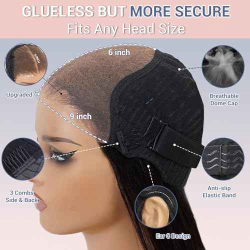 30Inch Wear And Go Glueless Wigs Human Hair Pre Plucked Pre Cut Body Wave Closure Wig 9x6 Lace Front Wigs Human Hair 200% Density Glueless Loose Body Wave Wig For Women Natural Black