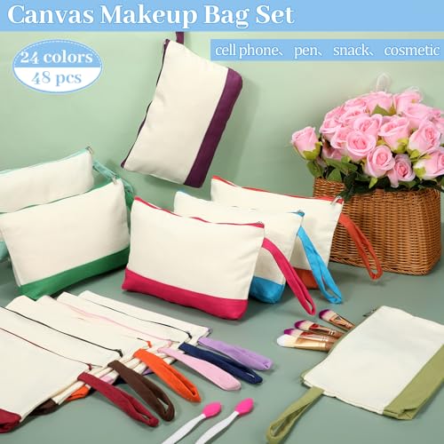 Silkfly 48 Pcs Cotton Canvas Makeup Bags Canvas Cosmetic Zipper 10.2 x 5.5 x 2 Inches Blank DIY Pouch Bag Bulk with Bottom Pencil Case Travel Toiletry Pouch for Women (24 Colors)