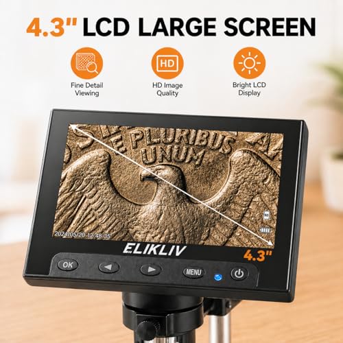 Elikliv White LCD Digital Microscope 1000x with 8 LED Lights, 4.3" Display