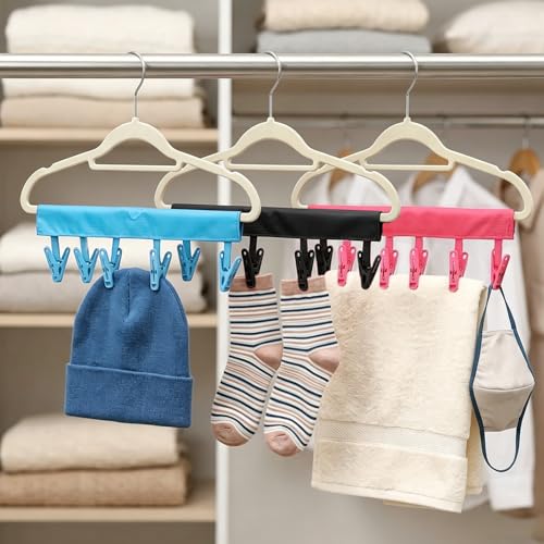 Ymcafmo Travel Foldable Clothespins Hangers 3-Pack with 6 Clips - Black, Blue, Red