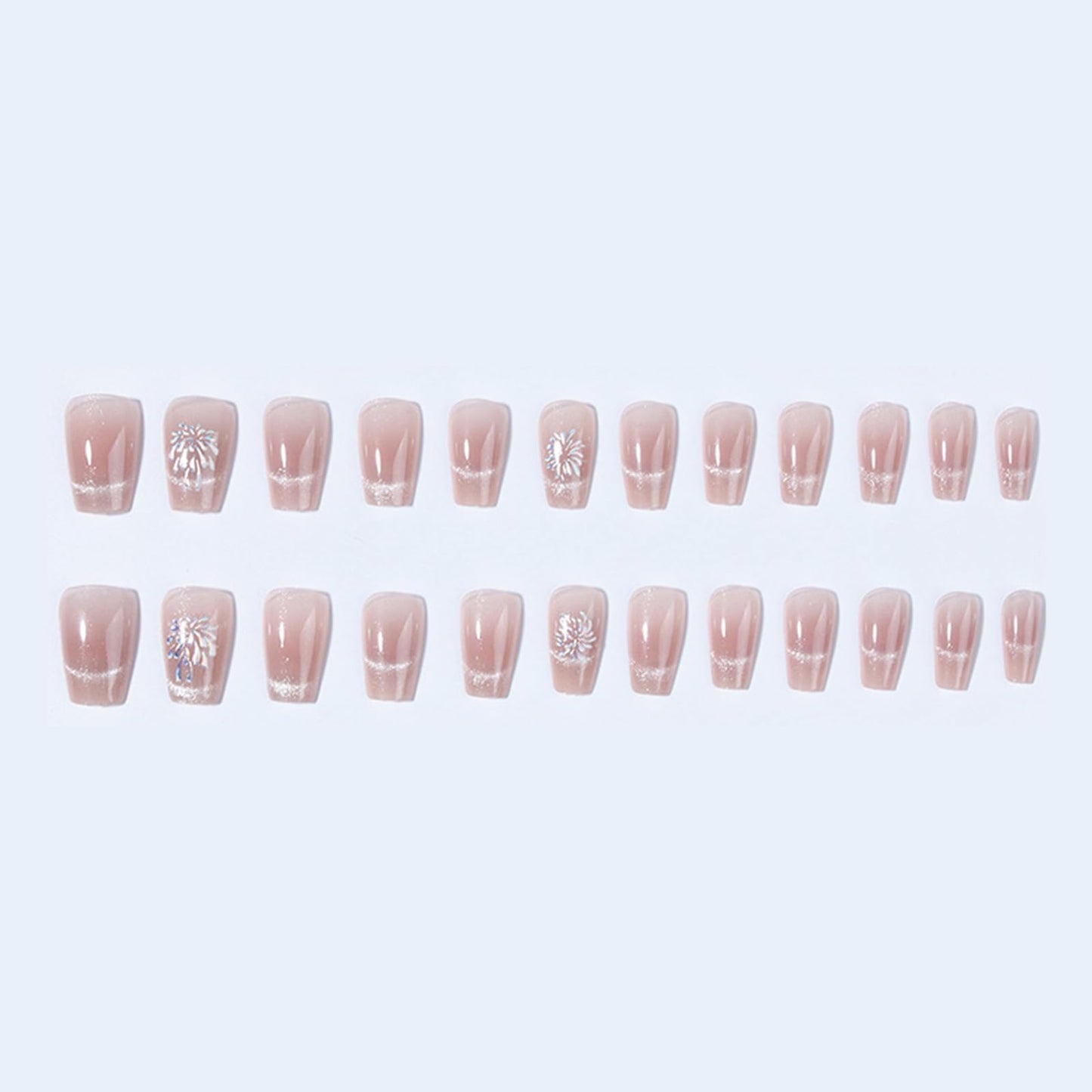 SINHOT Coffin Press on Nails Medium Ballerina Fake Nails Glossy Glue on Nails Pink Cat Eye Acrylic Nails Silver Glitter Arificial Nails Stick on False Nails with Fireworks Design 24 pcs