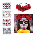4 Pcs Day of The Dead Sugar Skull Face Temporary Tattoo Halloween Makeup Tattoo Stickers for Halloween Masquerade Party with 1 Rose Red Flower Crown Headband