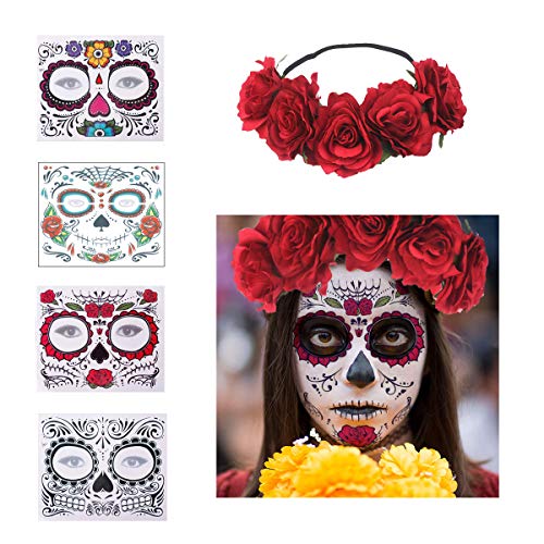 4 Pcs Day of The Dead Sugar Skull Face Temporary Tattoo Halloween Makeup Tattoo Stickers for Halloween Masquerade Party with 1 Rose Red Flower Crown Headband