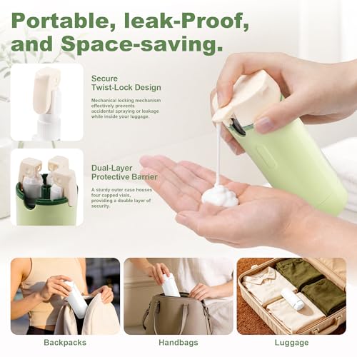4-in-1 Travel Dispenser Bottles Set – Leak-Proof Refillable Toiletry Containers with Labels for Shampoo, Conditioner, Lotion, Creams – TSA Approved, Green