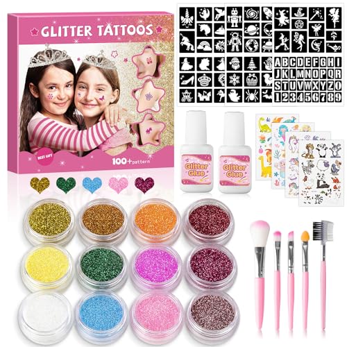 Glitter Tattoo Kit for Kids - 12 Colors, 92 Stencils, 5 Brushes