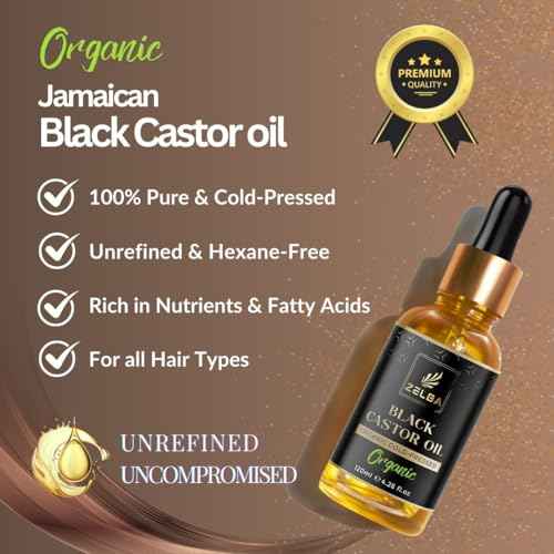 Zelba Organic Jamaican Black Castor Oil 4.2 oz ? Cold Pressed, 100% Pure & Natural ? Hair Growth, Eyelash & Eyebrow Enhancer, Skin Moisturizer ? Hexane-Free ? in Glass Bottle