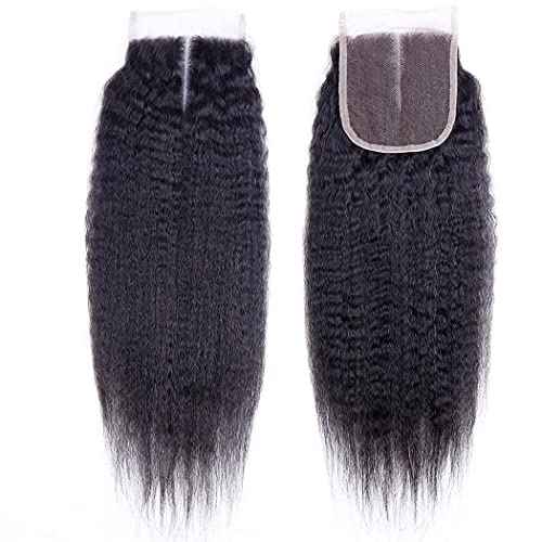 Human Hair 3 Bundles With Closure 10A Brazilian Virgin Hair Short Weave with 4x4 Middle Part Half Hand Tied Lace Closure Natural Color (kinky straight, 121212+10)