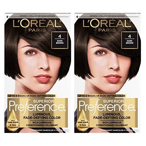 L'Oreal Paris Superior Preference Luminous Fade-Defying Permanent Hair Color, Hair Dye For Up to 9 Weeks of Radiance, Dark Brown 4, 1 Hair Dye Kit (Pack of 2)