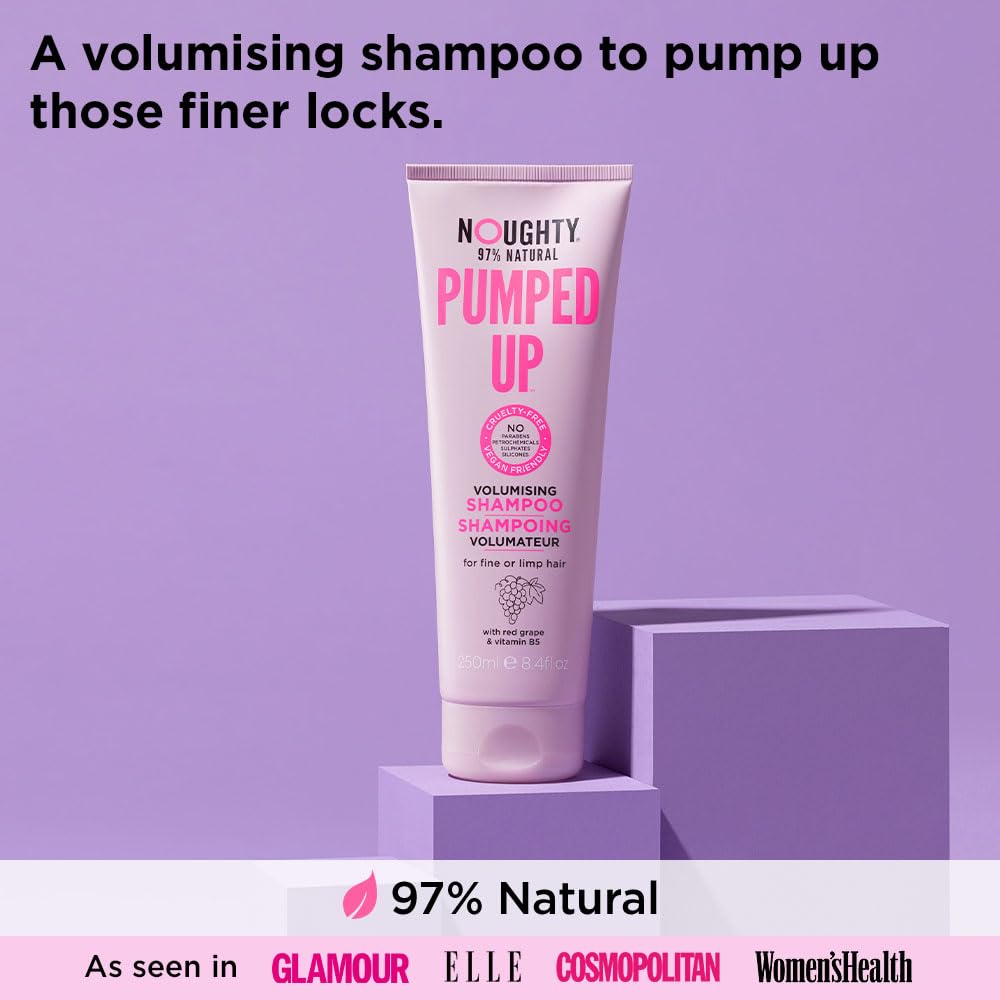 Noughty 97% Natural Pumped Up Volumising Shampoo to Gently Cleanse and Volumise Fine or Limp Hair with Red Grape and Vitamin B5, Sulphate Free Vegan Haircare 250ml