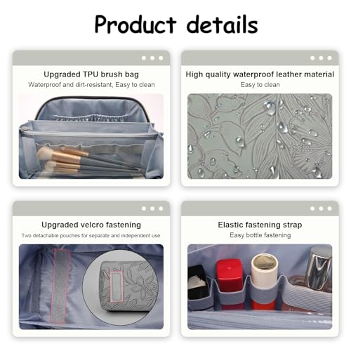 BOYATU Travel Makeup Bags Cosmetic Organizer Bag: 3-Set Large Capacity Make up Bag - PU Leather Toiletry Bag for Women - Wide Open Portable Pouch with Divider & Handle