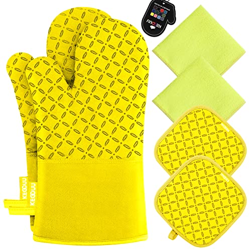 KEGOUU Oven Mitts and Pot Holders 6pcs Set, Kitchen Oven Glove High Heat Resistant 500 Degree Extra Long Oven Mitts and Potholder with Non-Slip Silicone Surface for Cooking (Yellow)