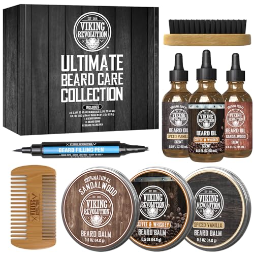 Viking Revolution Ultimate Beard Care Collection - Gifts for Men Includes Oil, Balm, Brush, Comb and Pen - Beard Kit for Men with Sandalwood, Spiced Vanilla, Coffee Whiskey, Sweet Tobacco