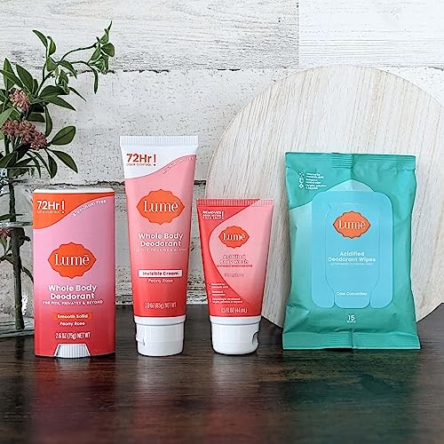 Lume Skin Care Gift Set for Women, Whole Body Deodorant Starter Pack - Smooth Solid Stick, Invisible Cream Tube, Acidified Body Wash Mini & Deodorant Wipes - Aluminum Free Odor Control (Peony Rose)