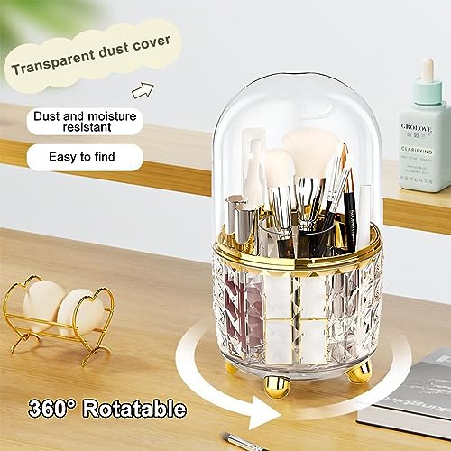 Makeup Brush Holder with Dustproof Lid, 360¡Æ Rotating Makeup Organizer, Spinning Cosmetic Organizer Pen Holder for Vanity Bathroom (Clear Gold)