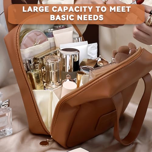 Brown Leather Makeup Bag with Dividers & Travel Organizer