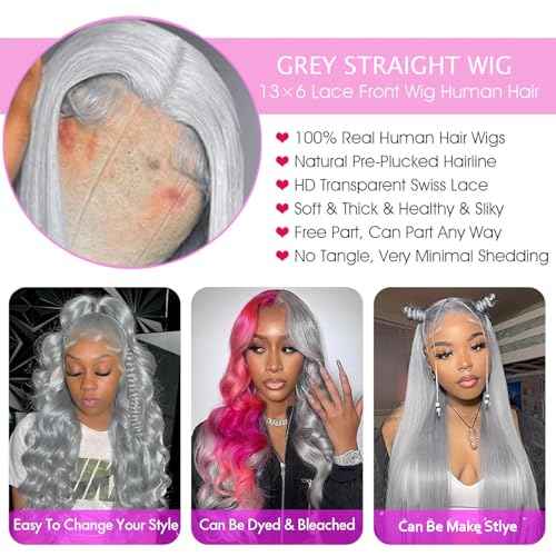 30 Inch Grey Lace Front Wigs Human Hair Straight 13x6 HD Transparent Lace Frontal Wig Human Hair Pre Plucked 180% Density Silver Grey Colored Glueless Lace Frontal Wigs for Black Women