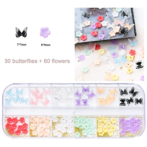 ueforrza Nail Art Rhinestones Set, 3D Flowers/Butterfly Nail Charms, Nail Gems and Rhinestones Kit, Nail Decorations for Nail Art, DIY Nail Accessories and Nail Supplies (2 Boxes)