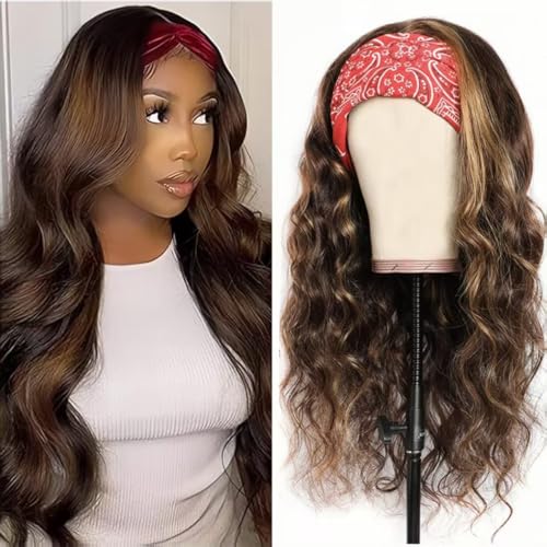 Ombre Headband Wig Human Hair #4/27 Highlight Body Wave Headband Wig Glueless None Lace Front Wig Brazilian Virgin Human Hair Wigs for Black Women Wear andGo Wig 180% Density 16 inch