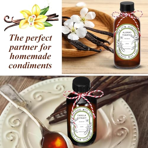 12 Pack 2 oz Vanilla Extract Bottles with Black Poly Cone Caps and 12 Pcs Vanilla Extract Stickers, 60ml Boston Round Sample Bottles for Homemade Vanilla Extract, Essential Oils, Herbal Medicine (2oz)