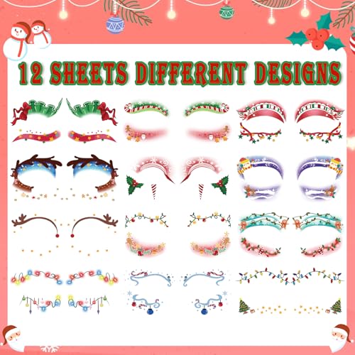 Christmas Eye Shadow Temporary Tattoos Stickers Face Makeup Patches, Xmas Tree Santa Claus Eyeliner Decals Fake Tattoos for Women Girls, Christmas Stocking Stuffers Party Supplies