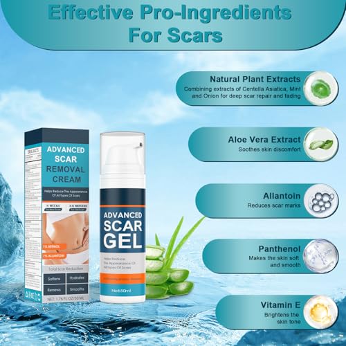 Scar Cream, Advanced Scar Gel for Old & New Scars, Professional Scar Removal Cream For Surgical Scars, Face, Body, Leg, Acne, Stitches, Burns, C-Section, Keloids, 1.76oz