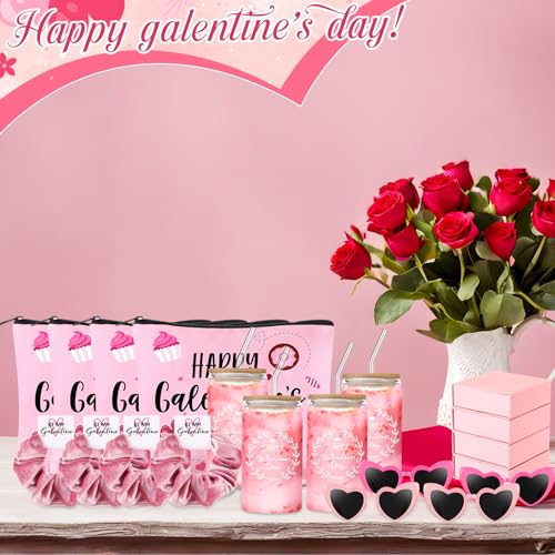 Abbylike 40 Pcs Galentine's Day Gift Include Gift Box Glass Cup Makeup Bags Plush Socks Greeting Cards Velvet Hair Scrunchies Bracelets Sunglasses for Women Friend Bestie Valentine Party Favors