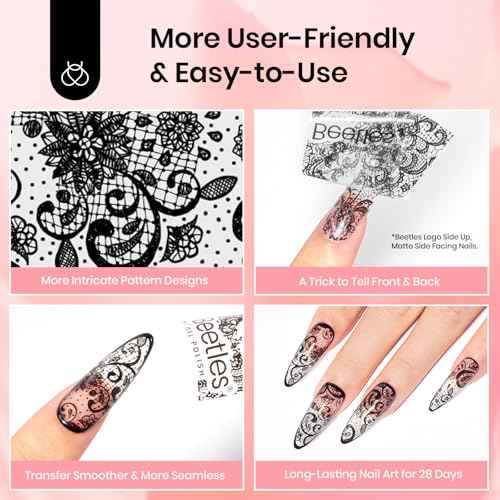 Beetles Nail Foil Glue Gel 2Pcs 15ml with 20 Pcs Lace Flower Butterfly Stickers Transfer White Black Lace Nail Foil Set, LED Lamp Soak Off DIY Manicure Gifts for Women