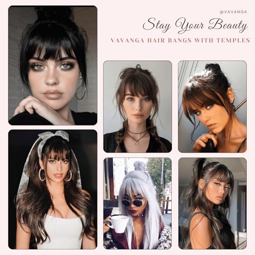 VAVANGA Clip-In French Bangs for Women - Long Wispy Fringe, Jet Black