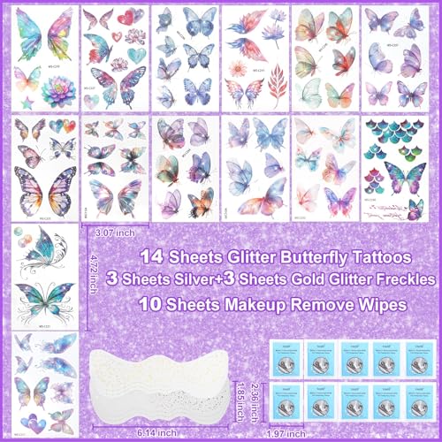 Yosca Glitter Butterfly Temporary Tattoos, 14Pcs with Gold Silver Freckles
