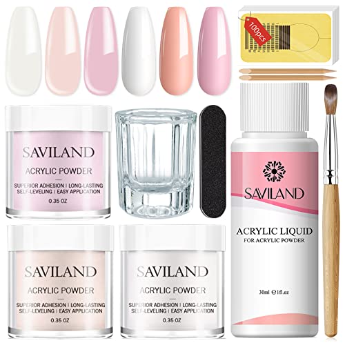 Saviland Acrylic Nail Starter Kit - Clear, Pink & Nude Powder with Liquid