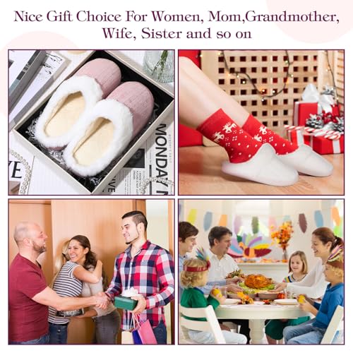 3 Pairs 6 Pairs Warm Fuzzy House Slippers for Women Size 7-8 8-9 with Thick Anti-slip Soles Winter Fluffy Indoor Outdoor Knit Plush Soft Slipper Shoes Pink Purple White