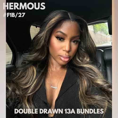 13A Double Drawn Honey Blonde Highlight FB27 Bundles 16 18 20 Inch Body Wave Human Hair, Black With Honey Brown Highlight Raw Human Hair 3 Bundles Unprocessed F1B/27 Ombre Sew In Extension