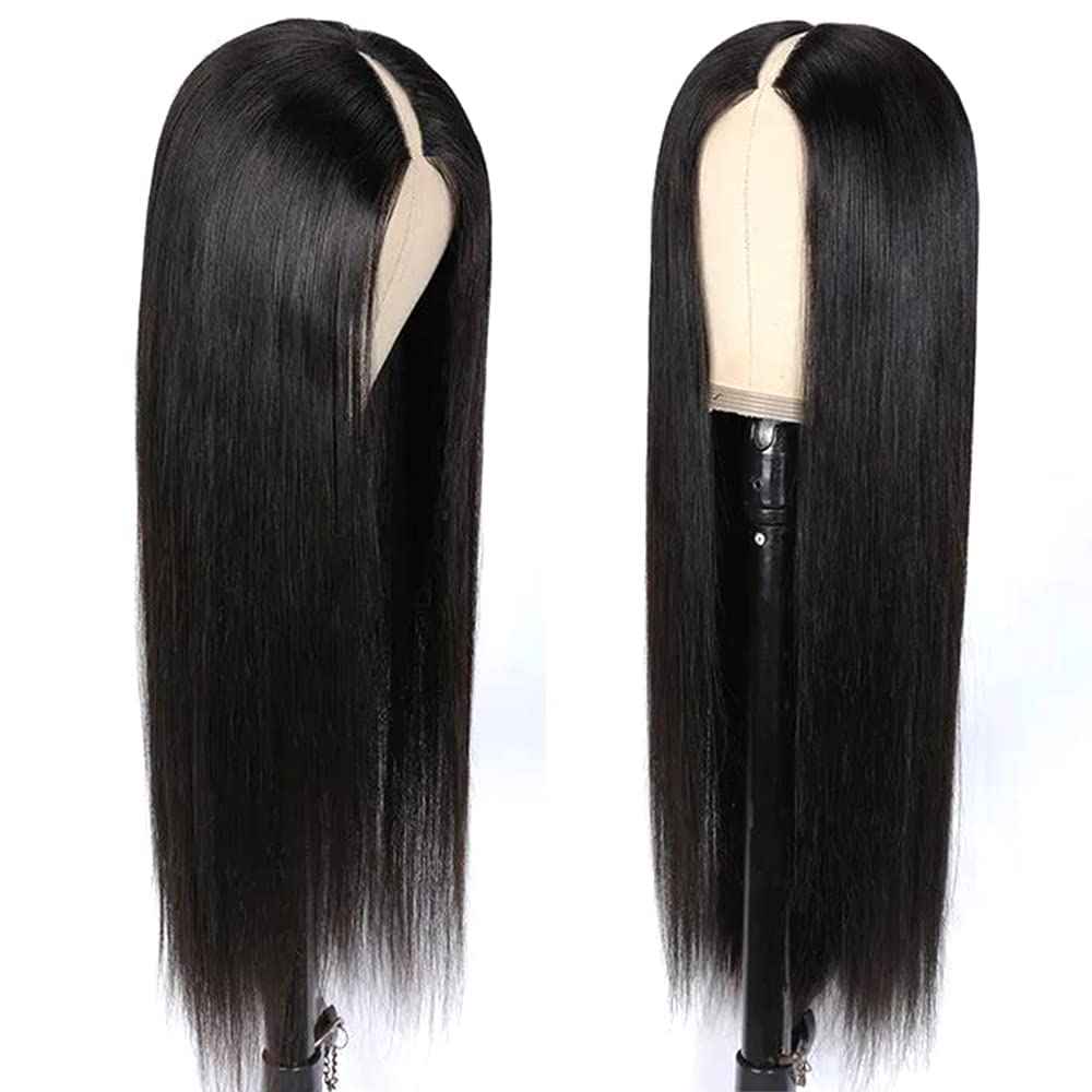 Pobokix Straight V Part Wigs Human Hair Upgrade U Part Human Hair Wigs for Black Women Glueless Clip In Half Wig 180% Density Natural Color (8inch)
