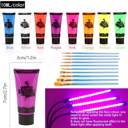UV Neon Body Paint Kit, 8 Fluorescent Colors with 10 Brushes
