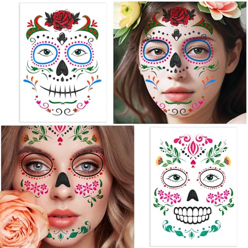 Day of Dead Glitter Tattoos - 6 Sheets Skeleton Face Stickers