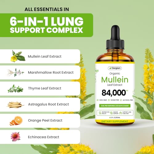 Gerglam Mullein Lung Detox Drops 2 Fl Oz USDA Organic Herbal Support for Respiratory Wellness