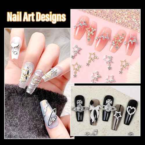 105 Pcs Silver+Gold Nail Gems Charms, Planet Crown Dollar Nail Gems Snake Star Bow Nail Charms 3D Cross Nail Art Jewelry Charms + Gold Dollar Charms for Nail Art DIY Jewel Accessories