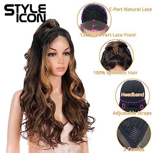 Style Icon 13x2 Highlight Lace Front Free Part Wig 24?Updo U Part Lace Frontal Long Wavy Wig With Bangs High Temperature Synthetic Hair(24 Inches, HI-PECAN)