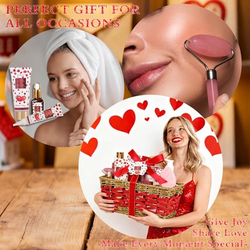 Luxury 22 pcs Rose & Strawberry Valentines Day Gift for Women, Bath and Body Basket Gift, Face Skin Care Kit, Home Spa Self Care, Eye Cream, Birthday, Christmas, Mother, Bridal Shower, Anniversary