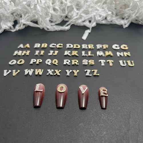 52 Pcs 3D Silver and Gold Nail Charms Letters Initial Charms for Nails Nail Letter Charms Alphabet Rhinestone Letter Nail Charms for Nail Art Design Decoration DIY Craft