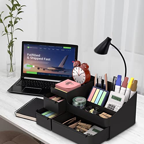 Makeup Organizer for Vanity, Bathroom Countertop Storage Display Boxes Case,Stackable Cosmetic Holder for Jewelry Hair Accessories Beauty Skincare Product Organizing with drawer organizer tray, Black