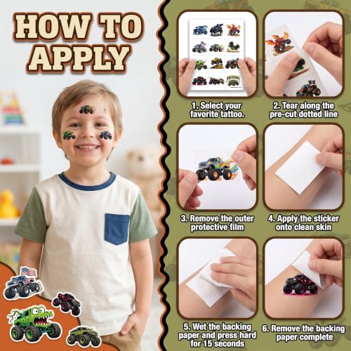 96 PCS Monster Truck Temporary Tattoos for Kids