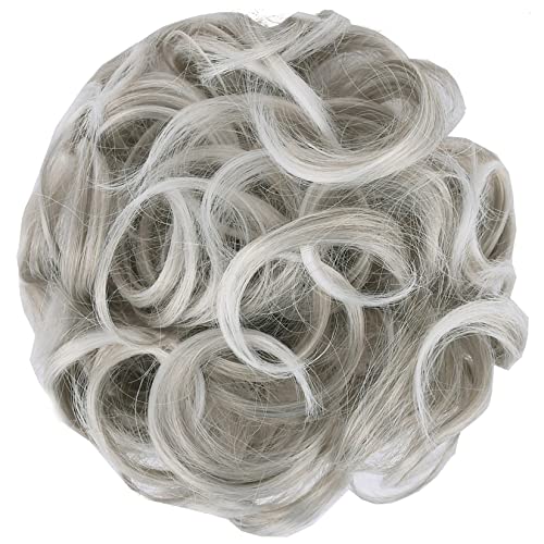 Elaine Hair Buns Hair Piece Messy Tousled Wavy Curly Scrunchies Wrap Ponytail Extensions with Elastic Rubber Band Synthetic Donut Updo Hairpieces for Women Girls (Salt & Pepper)