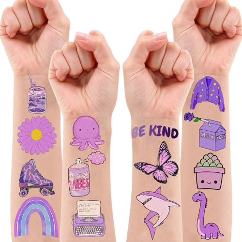 Purple Temporary Tattoos - 76 Pieces, 8 Sheets Waterproof