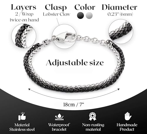 Galis Mens Bracelet - Stainless Steel Bracelet for Men, Non Tarnish Silver Plated Rope Chain Bracelet, Stylish Birthday Bracelets For Boys & Men, Silver & Black Bracelet For Men 7" length Bracelet Set