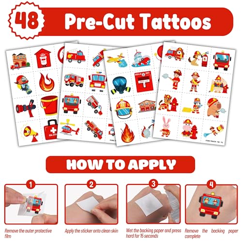 72-Piece Fire Truck Party Favors Set - Tattoos & Slap Bracelets